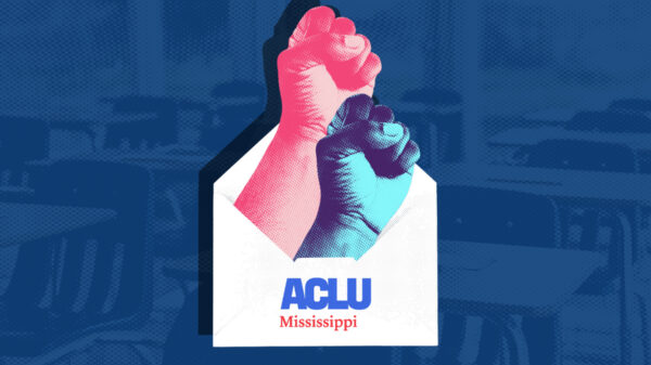 illustration of an ACLU-MS branded envelope with pink and blue protest fists extending outward. faded photo of a school classroom in background