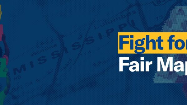 "Illustration of three protesters holding up signs reading 'No Jim Crow Maps' against a dark blue background featuring a halftone map of Mississippi with dollar signs. Text overlay reads 'Fight for Fair Maps.'"