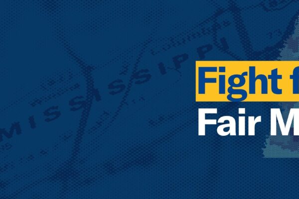 "Illustration of three protesters holding up signs reading 'No Jim Crow Maps' against a dark blue background featuring a halftone map of Mississippi with dollar signs. Text overlay reads 'Fight for Fair Maps.'"