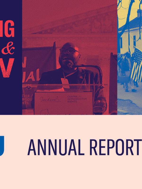 ACLU Annual Report 2024 - Fighting Then & Now. Image of modern person speaking next to image of Civil Rights era protest