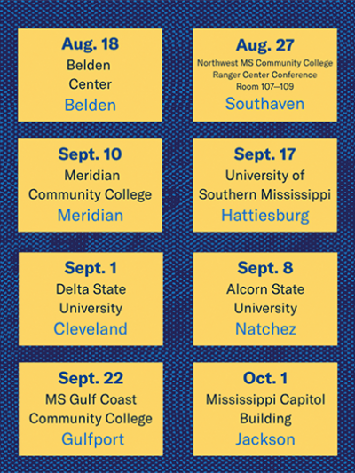 The Mississippi Joint Legislative Redistricting and Reapportionment Committee is holding eight public hearings across the state to hear from Mississippi residents about legislative redistricting. All hearings begin at 6 p.m. Aug. 18 — Belden Belden Center Completed Aug. 27 — Southaven Northwest Mississippi Community College Ranger Center, Conference Rooms 107–109 Sept. 1 — Cleveland Delta State University Sept. 8 — Natchez Alcorn State University Sept. 10 — Meridian Meridian Community College Sept. 17 — Hattiesburg University of Southern Mississippi Sept. 22 — Gulfport Mississippi Gulf Coast Community College Oct. 1 — Jackson Mississippi Capitol Building