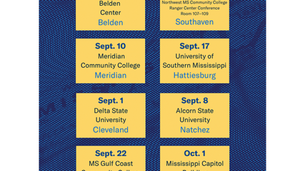 The Mississippi Joint Legislative Redistricting and Reapportionment Committee is holding eight public hearings across the state to hear from Mississippi residents about legislative redistricting. All hearings begin at 6 p.m. Aug. 18 — Belden Belden Center Completed Aug. 27 — Southaven Northwest Mississippi Community College Ranger Center, Conference Rooms 107–109 Sept. 1 — Cleveland Delta State University Sept. 8 — Natchez Alcorn State University Sept. 10 — Meridian Meridian Community College Sept. 17 — Hattiesburg University of Southern Mississippi Sept. 22 — Gulfport Mississippi Gulf Coast Community College Oct. 1 — Jackson Mississippi Capitol Building