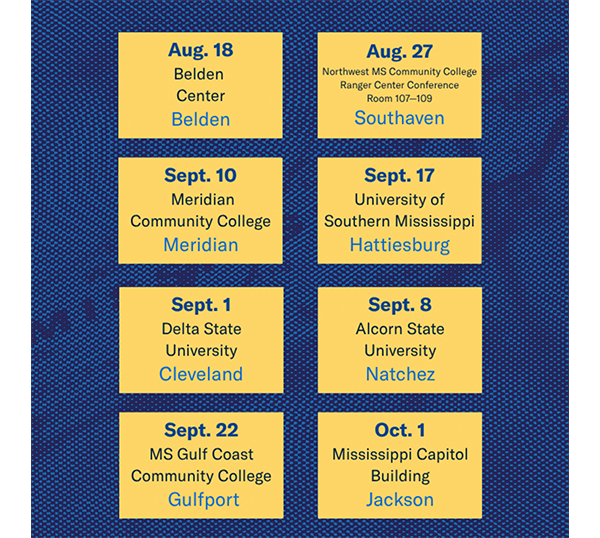 The Mississippi Joint Legislative Redistricting and Reapportionment Committee is holding eight public hearings across the state to hear from Mississippi residents about legislative redistricting. All hearings begin at 6 p.m. Aug. 18 — Belden Belden Center Completed Aug. 27 — Southaven Northwest Mississippi Community College Ranger Center, Conference Rooms 107–109 Sept. 1 — Cleveland Delta State University Sept. 8 — Natchez Alcorn State University Sept. 10 — Meridian Meridian Community College Sept. 17 — Hattiesburg University of Southern Mississippi Sept. 22 — Gulfport Mississippi Gulf Coast Community College Oct. 1 — Jackson Mississippi Capitol Building