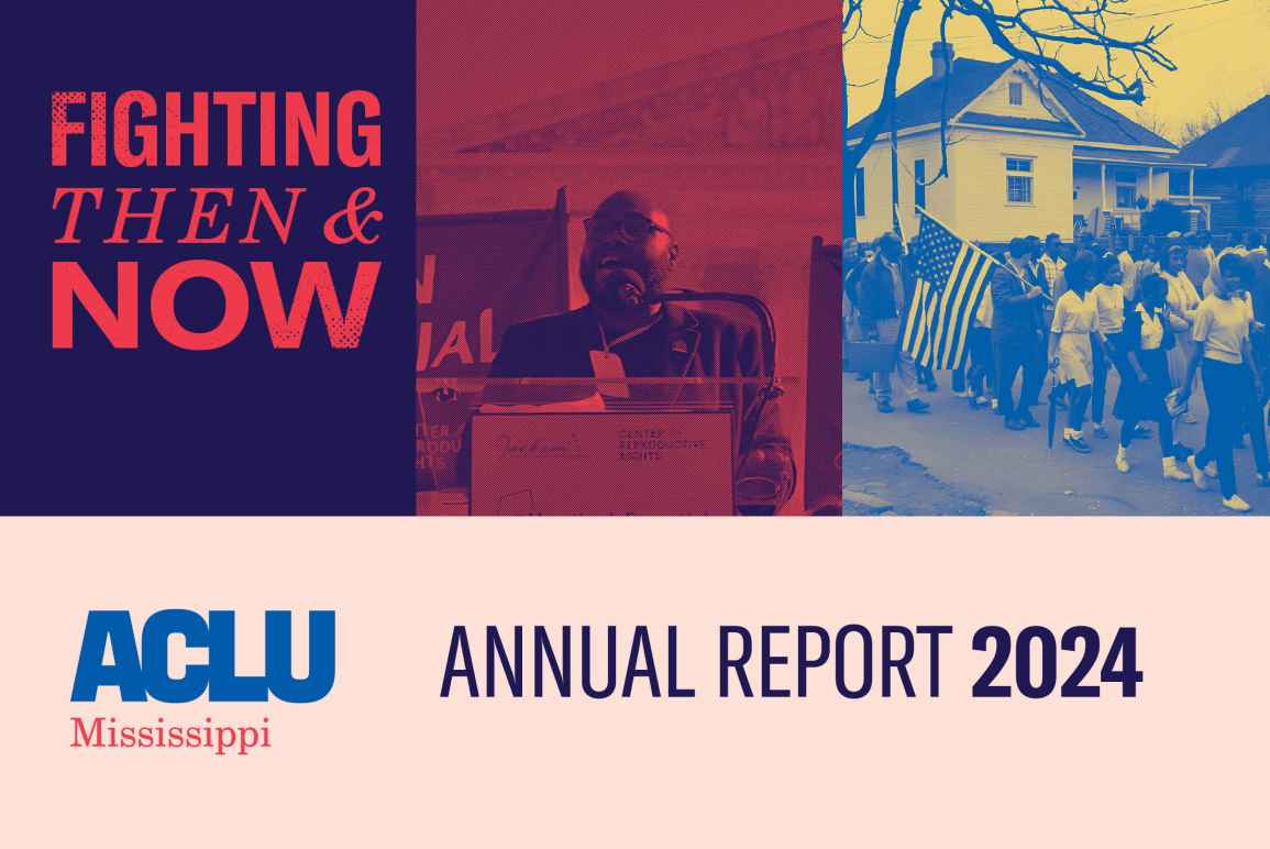 ACLU Annual Report 2024 - Fighting Then & Now. Image of modern person speaking next to image of Civil Rights era protest