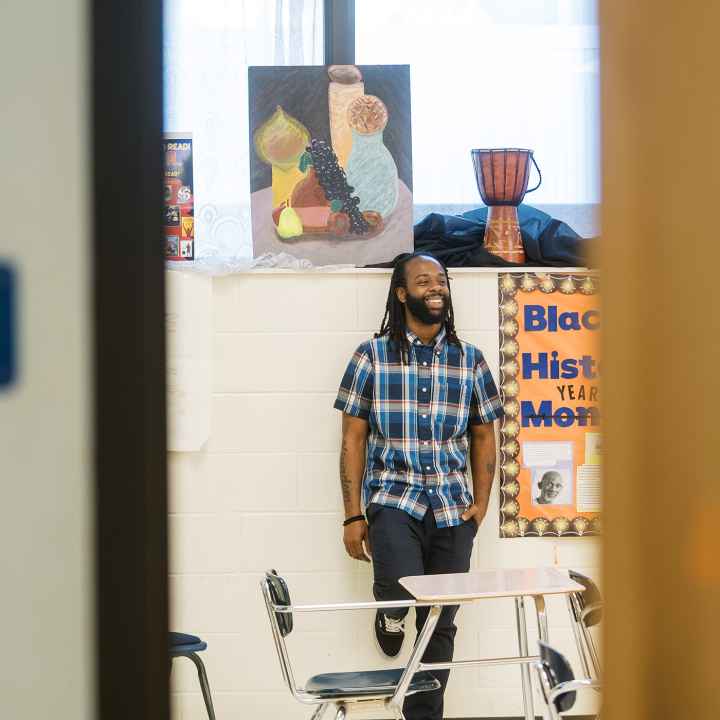 Millwood High School teacher Anthony Crawford in a classroom.