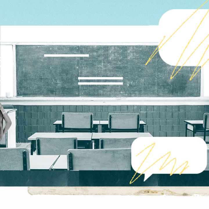 An image depicting a classroom, lightbulbs, thought bubbles, and a child with a backpack.