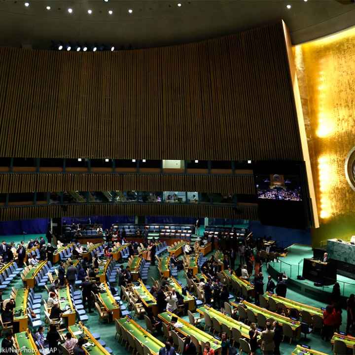 Delegates converse while in attendace at the United Nations General Assembly on October 26, 2022 in New York City.